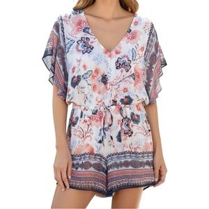 Crystal Sky Floral And Paisley Print V-Neck Flutter Sleeve Romper